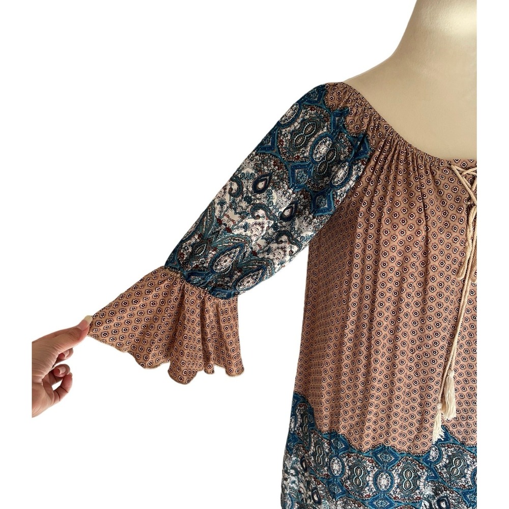 Umgee Floral Peasant Boho Ruffle Flutter‎ Sleeve Shift Tunic Mini Dress Sz M - Picture 3 of 4